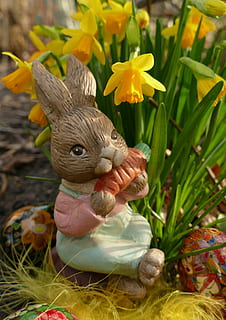Ostern, Osterhase, Hase, Zahl, lustig, Süss, Munchkins, langohrig, süß, Frohe Ostern, Pflanze, blühende Pflanze, Blume, Darstellung, Tierdarstellung, Nahansicht, Natur, Schönheit in der Natur, Urlaub, keine Leute, Gras, Tier, Feier, Kunst und Handwerk, Zerbrechlichkeit, Spielzeug, Gelb, draußen, Frühling, Blütenkopf, 4K, CC0, gemeinfrei, lizenzfrei