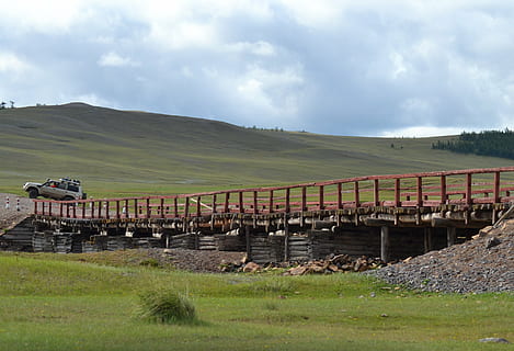 mongolia, bridge, steppe, cloud - sky, sky, grass, nature, day, no people, landscape, environment, field, transportation, plant, mountain, architecture, land, non-urban scene, built structure, scenics - nature, green color, tranquil scene, outdoors, 4K, CC0, public domain, royalty free