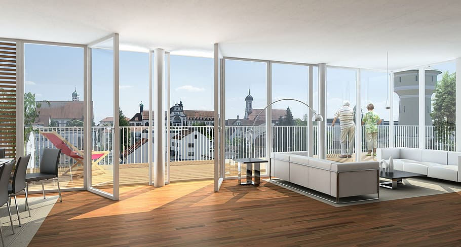 dos, home, noi, mirant, fora, interior, vila, representació, visualització, arquitectura, visualització 3d, visualització arquitectònica, paisatge, edifici, CGI, a l'interior, finestra, cadira, terres de fusta dura, cap gent, taula, dia, estructura construïda, cel, interior de casa, modern, habitació domèstica, sòls, luxe, riquesa, casa, fusta, sala d'estar, seient, interior de l'aparador, mobles, apartament, sòl de parquet, 4K