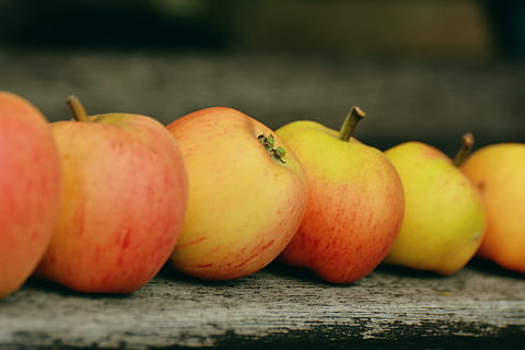 appel veel, appel, goldparmäne, fruit, meervallertje, tuin-, serie, opgesteld, gezond, rood, bank, oogst, eten en drinken, gezond eten, Oranje kleur, geen mensen, detailopname, voedsel, versheid, selectieve aandacht, dag, welzijn, hout - materiaal, groep objecten, focus op de voorgrond, tafel, buitenshuis, appel - fruit, in een rij, stilleven, rijp, 5K, CC0, publiek domein, royaltyvrij