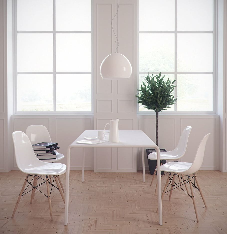 blanc, taula, quatre, cadires, finestres, arquitectura, disseny, mínim, render de corona, CGI, 3d, gràfics, 3ds màx, Photoshop, fusta, elegant, habitació domèstica, finestra, a l'interior, modern, mobles, apartament, cap gent, decoració, interior de casa, sòls, cadira, seient, absència, dia, buit, Color blanc, casa, negocis, interior de l'aparador, oficina, escriptori, llum elèctrica, taula de cafè, 1080P