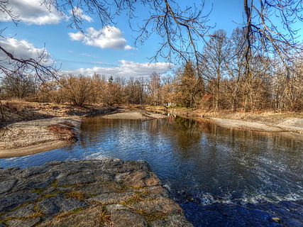 river, weir, bank, current, water, trees, river basin, tree, sky, tranquility, plant, tranquil scene, beauty in nature, scenics - nature, nature, bare tree, no people, cloud - sky, lake, day, non-urban scene, rock, reflection, rock - object, solid, outdoors, flowing water, 1080P, CC0, public domain, royalty free