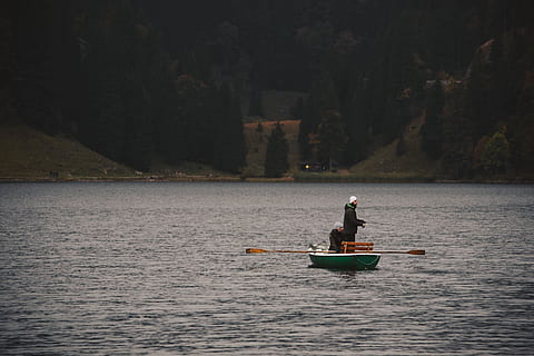 falle, høst, trær, skog, fjell, natur, mørk, kyst, innsjø, vann, mennesker, Mann, kvinne, padle, båt, nautisk fartøy, vannkanten, transport, ekte folk, transportmiddel, menn, én person, dag, elv, skjønnhet i naturen, roing, livsstil, naturskjønnhet - natur, fritidsaktivitet, utendørs, padling, robåt, 4K, CC0, offentlig domene, opphavsrett gratis