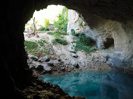 photo, brown, cave, source de la sorgue, source, spring, water cave, river, source of sorgue, karst spring, fontaine de vaucluse, sorgue-swelling pond, fontaine-de-vaucluse, france, provence, low tide, water, bluish, light, shimmer, deep, swelling cave, nature, rock - Object, landscape, rock, rock formation, solid, beauty in nature, tranquility, day, no people, scenics - nature, geology, physical geography, tree, land, arch, plant, tranquil scene, outdoors, natural arch, eroded, flowing, 4K, CC0, public domain, royalty free