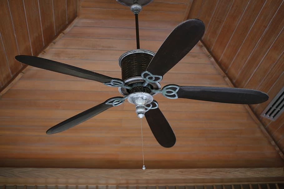 negre, 5 fulls, Ventilador de sostre de 5 fulles, vent, sostre, hèlix, ventilador elèctric, ventilador del sostre, a l'interior, vista d’angle baix, cap gent, ventilador, material de fusta, electricitat, moviment, penjant, arquitectura, equips d’il·luminació, interior de casa, tecnologia, patró, estructura construïda, decoració, directament a sota, 5K