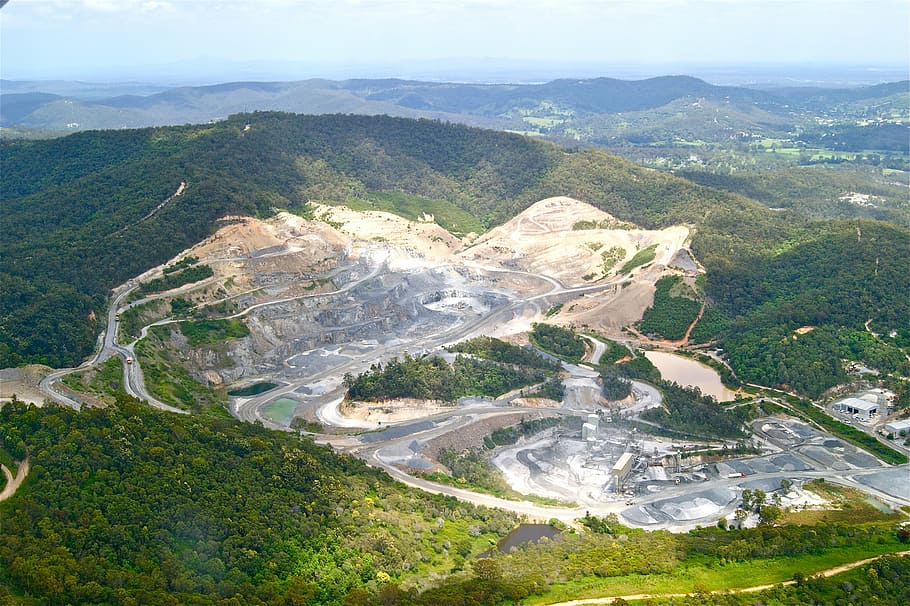 quarry, mining, extraction, excavation, earth, mineral, pit, gravel, digging, scenics - nature, mountain, beauty in nature, environment, nature, tranquil scene, tranquility, day, mountain range, landscape, non-urban scene, no people, plant, tree, high angle view, idyllic, sky, aerial view, outdoors, land, mountain peak, 4K