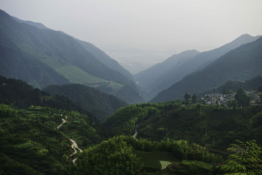 krajinářské fotografie, hora, během dne, letecký, Pohled, hory, strom, údolí, les, silnice, vesnice, sklon, tráva, krajina, Příroda, zelená, xikeng, songyang, svěží údolí, zemědělství, scenics - příroda, krása v přírodě, životní prostředí, pohoří, rostlina, klidné scény, klid, nebe, mlha, nikdo, přistát, mimoměstské scény, den, venku, deštný prales, 5K