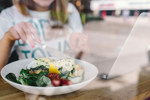 close, image, young, woman, eating, classic, breakfast, restaurant, Close up, morning, healthy, meal, eat, hungry, salad, tasty, eggs, yummy, food, laptop, women, people, food And Drink, indoors, healthy Eating, one Person, table, vegetable, adult, freshness, lifestyles, technology, computer, females, caucasian Ethnicity, one girl only, children only, holding, wireless technology, eating utensil, kitchen utensil, wellbeing, spoon, midsection, focus on foreground, 2K