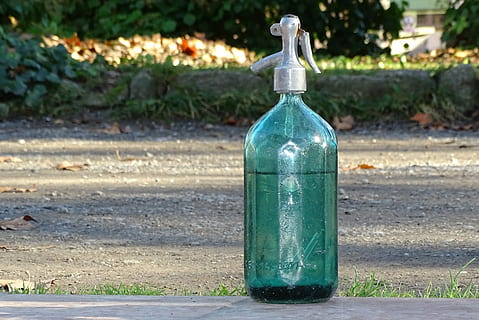 sifon, drinken, koolzuur, fles, verfrissend, frisdrank, soda-, focus op de voorgrond, geen mensen, dag, natuur, houder, water, buitenshuis, groene kleur, land-, detailopname, kunst en ambacht, fabriek, menselijke representatie, creativiteit, zonlicht, vertegenwoordiging, park, afwezigheid, 4K, CC0, publiek domein, royaltyvrij