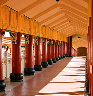 tempio, buddismo, colonne, pilastri, prospettiva, corridoio, passerella, religione, culto, Tempio di Nan Hua, Sud Africa, architettura, cultura, religioso, fo guang shan, buddista, monastero, costruzione, Asia, asiatico, colonna architettonica, struttura costruita, luogo di culto, credenza, di fila, spiritualità, nessuno, legno - materiale, in casa, destinazioni di viaggio, giorno, luce del sole, portico, colonnato, turismo, soffitto, santuario, 2K, CC0, dominio pubblico, privo di copyright