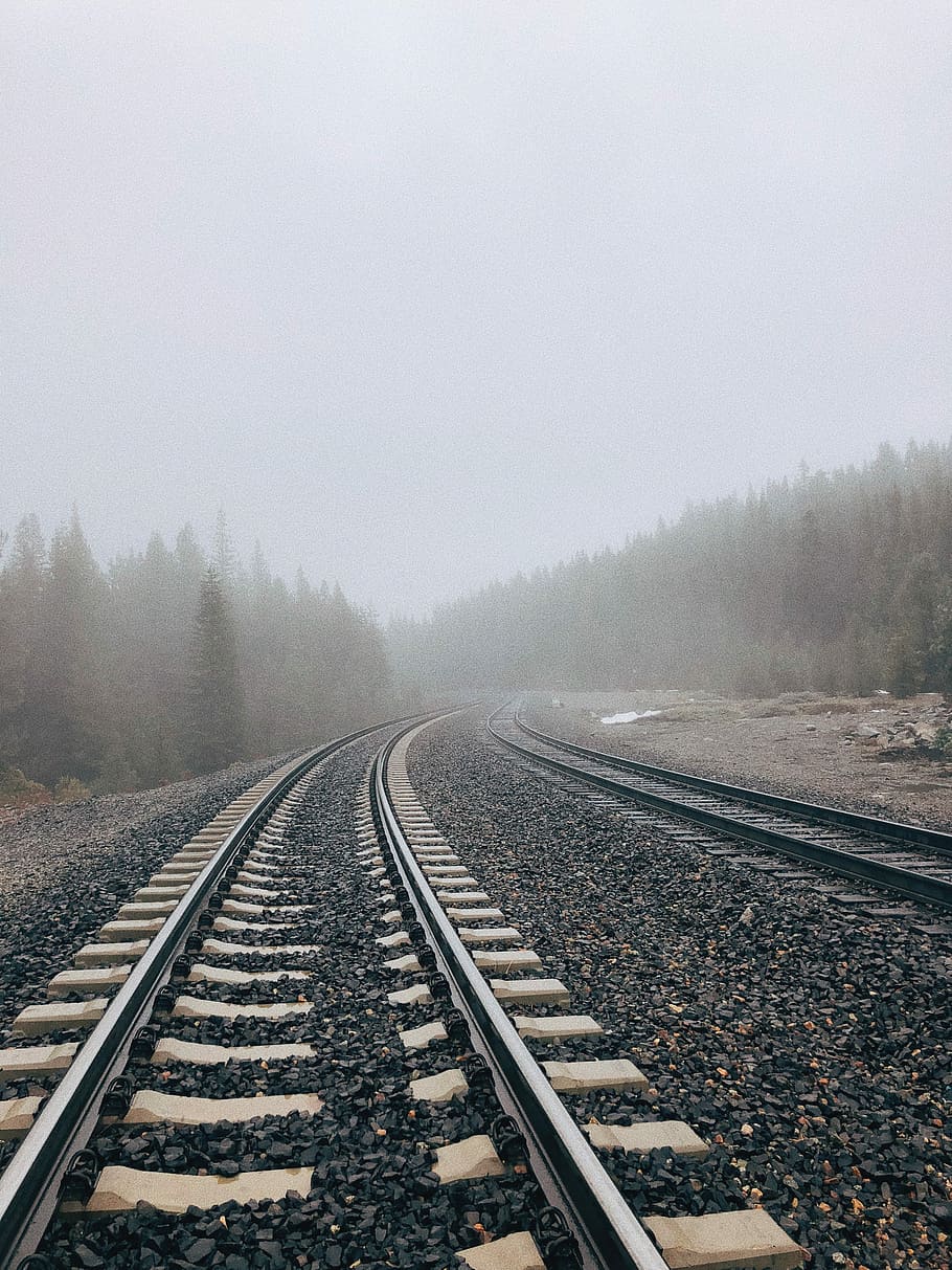 bruin, zwart, Treinspoor, bomen fotografie, grijs, wit, metalen treinrails, omgeven, bomen, mist, tahoe, sneeuw, wolk, spoorlijn, spoor, spoor transport, winter, koude temperatuur, vervoer, geen mensen, natuur, hemel, richting, dag, de weg vooruit, fabriek, boom, scenics - natuur, schoonheid in de natuur, kopie ruimte, perspectief verminderen, grind, parallel, lang, 4K