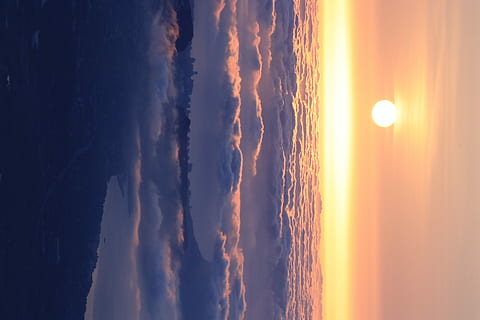 orange, skies, sun, mountain under cloud, cloud, sunset, landscape, sky, beauty in nature, cloud - sky, scenics - nature, tranquil scene, tranquility, orange color, nature, no people, sea, idyllic, water, panoramic, horizon, outdoors, dramatic sky, environment, non-urban scene, 5K, CC0, public domain, royalty free