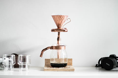 morning coffee, brown, coffeemaker, filled, coffee, cofee, cafe, filter, jug, glass, indoors, no people, container, still life, table, studio shot, wood - material, bottle, glass - material, jar, white background, cork - stopper, food and drink, copy space, retro styled, gray background, salt shaker, gray, 2K, CC0, public domain, royalty free