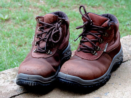 shoe, rustic, boot, work, second hand, pair, shoelace, brown, leather, no people, close-up, day, lace - fastener, focus on foreground, two objects, outdoors, still life, nature, fashion, personal accessory, absence, black color, old, compatibility, menswear, 4K, CC0, public domain, royalty free