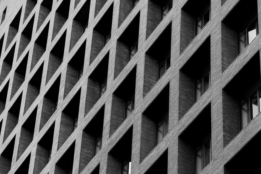 gris, negre, concret, edifici de diversos pisos, estructura, edifici, arquitectura, finestres, maons, textura, paralela, línia, forma, patró, fons, marc complet, cap gent, estructura construïda, primer pla, repetició, metall, a l'aire lliure, dia, Criss cross, quadrícula, disseny, vista d’angle baix, exterior de l'edifici, indústria, industria de la construcció, enfocament selectiu, acer, 2K