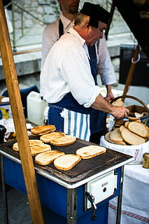 toasted, bread, garlic, Traditional, Czech, toasted bread, hands, market, outside, street food, food, men, people, occupation, working, adult, males, bakery, preparation, food and drink, mature adult, baking bread, freshness, focus on foreground, standing, real people, preparing food, indoors, table, incidental people, business, day, holding, two people, market stall, bun, tray, snack, french food, 5K, CC0, public domain, royalty free