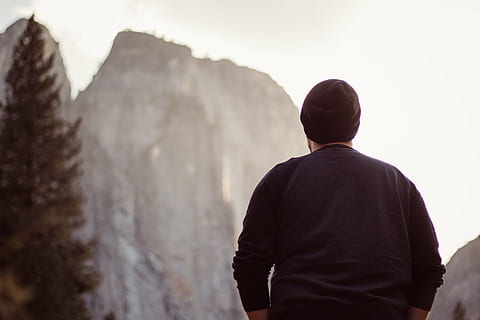 back view, blur, close-up, daylight, light, man, outdoors, person, rock, travel, tree, wear, rear view, one person, men, mountain, nature, waist up, sky, standing, rock - object, leisure activity, adult, day, casual clothing, beauty in nature, males, looking at view, scenics - nature, 5K, CC0, public domain, royalty free