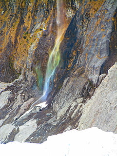 regnbue, vandfald, gletscher, klint, natur, kaskade, ødemark, flyder, New Zealand, franz josef, klippe, skønhed i naturen, rock-objekt, vand, solid, ingen mennesker, scenics - natur, dag, jord, rock formation, ikke-urbane scene, udendørs, bevægelse, geologi, miljø, ro, idyllisk, flydende vand, magt i naturen, formation, eroderet, 4K, CC0, offentligt domæne, royaltyfrie