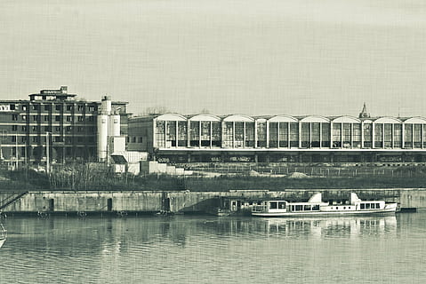 factory, river, ship, mood, building, part, contamination, rom, ruined, architecture, built structure, water, building exterior, waterfront, transportation, day, sky, city, nature, no people, bridge, outdoors, mode of transportation, connection, nautical vessel, bridge - man made structure, passenger craft, 2K, CC0, public domain, royalty free