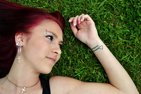 woman, wearing, black, spaghetti-strap, top, lying, green, grass field, girls, grass, tattoo, one person, lying down, portrait, headshot, plant, young adult, women, adult, real people, lying on back, redhead, lifestyles, leisure activity, nature, young women, green color, beauty, beautiful woman, hairstyle, contemplation, 4K, CC0, public domain, royalty free