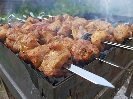 grilled, barbeque, gray, steel charcoal grill, background, bbq, beef, steak, chicken, krupnyj plan, cooked, cow, incision, delicious, dinner, dish, fillet, food, fresh, fried, gourmet, grill, healthy, meat, no one, pepper, plate, pork, part, shrimp, red, rustic, seafood, shish kebab, skewers, snacks, stick, tomato, up, vegetables, food and drink, freshness, ready-to-eat, close-up, still life, barbecue, no people, day, indoors, white meat, chicken meat, wellbeing, healthy eating, smoke - physical structure, roasted, high angle view, preparing food, temptation, 4K, CC0, public domain, royalty free