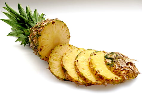 sliced whole pineapple, pineapple, fruit, vitamins, tropical fruit, food, freshness, gourmet, close-up, food and drink, healthy eating, white background, studio shot, wellbeing, indoors, still life, yellow, no people, cut out, vegetable, banana, ripe, green color, snack, 2K, CC0, public domain, royalty free