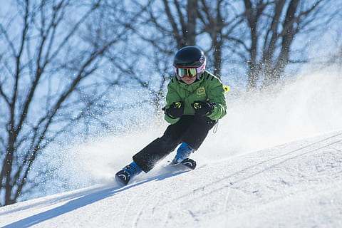 person, wearing, green, ski jacket, snow goggles skiing, snow ground, distance, bare, trees, daytime, boy, cold, goggles, kid, ski, skiing, snow, sport, winter, cold temperature, child, one person, full length, winter sport, warm clothing, boys, leisure activity, childhood, lifestyles, men, nature, day, real people, males, motion, outdoors, 5K, CC0, public domain, royalty free