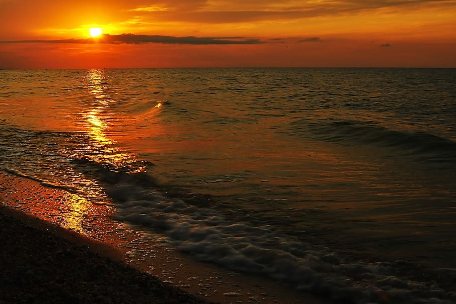 ola del mar, surfear, playa, arena de playa, Ucrania, mar, ola, navegar, playa, arena, Dom, puesta de sol, naturaleza, agua, color naranja, cielo, paisajes - naturaleza, belleza en la naturaleza, tierra, horizonte, horizonte sobre el agua, nube - cielo, escena tranquila, tranquilidad, idílico, movimiento, nadie, al aire libre, 4K