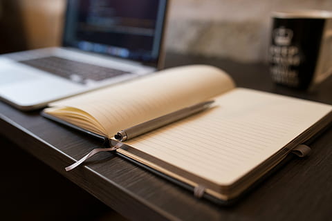 shallow, focus, diary, pen, book, open, notebook, empty, lines, workplace, desk, table, paper, business, office, page, pencil, blank, computer, work, laptop, wood - Material, wireless technology, technology, communication, connection, indoors, no people, publication, still life, note pad, education, selective focus, furniture, keyboard, 5K, CC0, public domain, royalty free