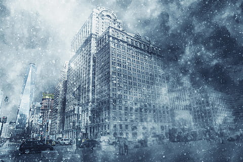 il·lustració dels edificis de gran alçada, vent de neu, neu, hivern, nevades, fred, temps, floc de neu, tempesta de neu, carrer, tempesta, gel, gelades, naturalesa, arquitectura, exterior de l'edifici, estructura construïda, ciutat, exterior d’edifici d’oficines, edifici, gratacels, nevar, cel, temperatura de fred, boira, paisatge, paisatge urbà, clima extrem, modern, pluja, cap gent, a l'aire lliure, 5K, CC0, domini públic, lliure de regalies