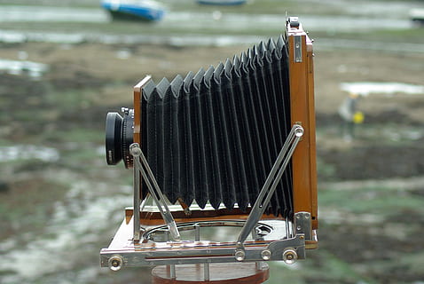 camera, former, bellows, focus on foreground, day, no people, nature, technology, transportation, field, close-up, metal, land, outdoors, mode of transportation, retro styled, land vehicle, photography themes, machinery, convenience, music, environment, 4K, CC0, public domain, royalty free
