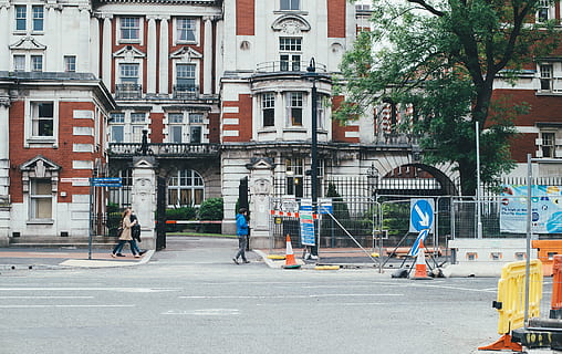 architecture, building, construction, pavement, people, road, street, urban Scene, building exterior, built structure, transportation, city, day, tree, residential district, sign, mode of transportation, incidental people, plant, road sign, outdoors, communication, land vehicle, 4K
