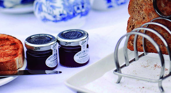 two, glass jars, toasted, bread, purple, cream jars, white, table, jam, toast, blue, food, food and drink, jar, no people, indoors, freshness, mason jar, still life, container, selective focus, baked, salt shaker, close-up, day, salt - seasoning, seasoning, meal, ready-to-eat, crockery, 5K, CC0, public domain, royalty free