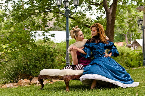 models, people, sitting, trees, women, mammal, domestic animals, domestic, plant, pets, one animal, tree, grass, adult, full length, dog, canine, happiness, two people, pet owner, positive emotion, outdoors, hairstyle, 5K, CC0, public domain, royalty free