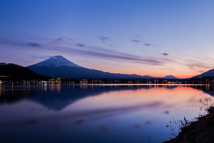 25 segons, llac kawaguchi, fotografia de paisatge, muntanya, cos, aigua, muntanyes, degradat, blau, taronja, cel, reflexió, escenics - natura, bellesa a la natura, tranquil·litat, llac, escena tranquil·la, posta de sol, naturalesa, núvol - cel, nit, cap gent, il·luminat, Serra, crepuscle, vespre, muntanya nevada, cim de muntanya, 5K