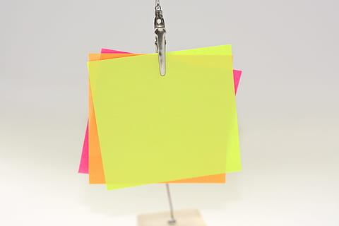 three, assorted-color papers, metal clip, sticky notes, notes, messages, contact, office, sticky note, message, blank, post, empty, remember, label, sticker, sign, note, adhesive note, indoors, paper, no people, studio shot, hanging, reminder, multi colored, cut out, business, copy space, yellow, white background, close-up, office supply, shopping bag, 4K, CC0, public domain, royalty free