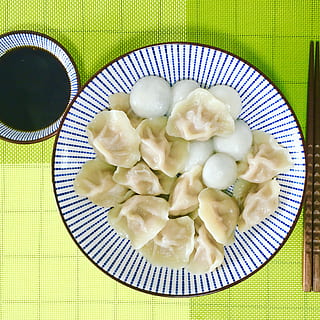 Dumplings, food, plate, crockery, gourmet, food And Drink, freshness, tablecloth, meal, indoors, no people, bowl, directly above, ready-to-eat, still life, table, dumpling, wellbeing, high angle view, healthy eating, close-up, serving size, chinese food, indulgence, fruit, temptation, place mat, snack, 1080P, CC0, public domain, royalty free