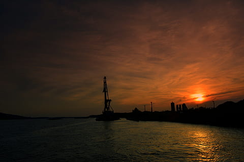 sunset, sun, sky, cloud, water, red, lake, in the evening, shadows, sea, cloud - sky, silhouette, waterfront, beauty in nature, nature, scenics - nature, transportation, no people, nautical vessel, industry, tranquil scene, architecture, outdoors, idyllic, tranquility, 5K, CC0, public domain, royalty free
