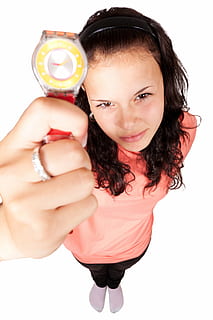 woman, pink, top, holding, round silver-colored analog, watch, red, strap, appointment, clock, countdown, deadline, delay, hands, late, object, point, time, pointing, girl, young, angry, one person, front view, portrait, studio shot, white background, women, hairstyle, indoors, looking at camera, leisure activity, hair, lifestyles, young women, real people, casual clothing, females, young adult, cut out, beautiful woman, 4K, CC0, public domain, royalty free