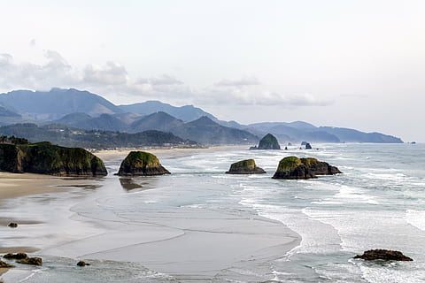 rocks, shore, mountains, distance, photograph, body, water, mountain, valley, landscape, view, beach, coast, waves, sea, ocean, hill, moss, cloudy, sky, no people, outdoors, scenics, day, nature, beauty in nature, rock - object, land, rock, solid, scenics - nature, tranquility, cloud - sky, tranquil scene, environment, lagoon, 4K