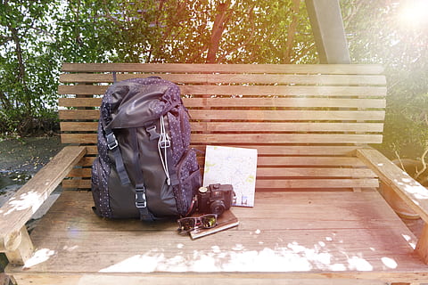 Holz, Bank, Landschaft, Natur, Zubehör, Rucksack, Buch, Kamera, Umgebung, Artikel, Objekte, draußen, Sonnenbrille, Sonnenlicht, Bäume, hölzern, Sitz, Tag, Holz - Material, Gepäck, Pflanze, Sitzung, Baum, Tasche, Reise, echte Menschen, Linseneffekt, die Architektur, Parkbank, 4K, CC0, gemeinfrei, lizenzfrei