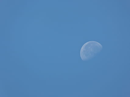 Luna, cielo, mezza luna, blu, lunare, celeste, spazio, astronomia, notte, cielo sereno, copia spazio, la tranquillità, nessuno, Inquadratura dal basso, bellezza nella natura, natura, scena tranquilla, scenics - natura, all'aperto, astrologia, luna planetaria, scoperta, sfondo blu, spazio e astronomia, 4K, CC0, dominio pubblico, privo di copyright