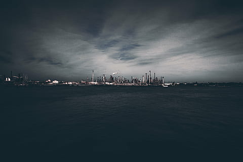 city buildings, architecture, building, infrastructure, structure, establishment, apartment, windows, condominium, hotel, urban, city, dark, night, clouds, sky, no people, cloud - sky, outdoors, tranquility, cityscape, storm cloud, nature, water, sea, built structure, building exterior, waterfront, urban skyline, nautical vessel, transportation, skyscraper, landscape, office building exterior, 4K, CC0, public domain, royalty free