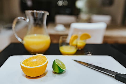 morning work, freshly, squeezed, citrus, juice, Morning, work, freshly squeezed, breakfast, healthy, fresh, orange, lime, food, fruit, citrus Fruit, freshness, lemon, slice, table, yellow, orange - Fruit, healthy Eating, no People, orange Color, drink, food And Drink, close-up, indoors, refreshment, household equipment, wellbeing, drinking glass, glass, focus on foreground, still life, herb, tray, 5K