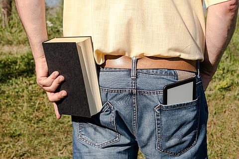 man, holding, black, book, Ebook, E-Book, Electronic, Book, electronic, book to hold in hand, pocket, e-book in the pocket, book stuck in the pocket, comparison of e-book and book, go, literature, jeans, casual clothing, midsection, human body part, human hand, men, adult, one person, technology, connection, rear view, communication, wireless technology, standing, clothing, close-up, day, 5K, CC0, public domain, royalty free
