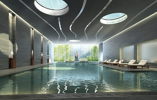 Eingebauter Pool, Innere, Schwimmbad, Rendern, Visualisierung, die Architektur, Visualisierung 3d, Architekturvisualisierung, Landschaft, Gebäude, cgi, Wasser, drinnen, Tag, Natur, Reflexion, beleuchtet, Luxus, zufällige Menschen, Menschen, gebaute Struktur, Lichtanlage, Erwachsene, Schwimmen, Reiseziele, 2K, CC0, gemeinfrei, lizenzfrei