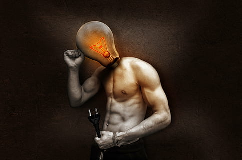 man, bulb head, holding, 2-prong, 2- prong cable, light bulb, current, light, glow, glow lamp, filament, energy, glow wire, electric light, macro, lamp, elektrik, high voltage, pose, human, thinking, think, idea, adults only, adult, one man only, studio shot, only men, human body part, one person, black background, people, men, shirtless, indoors, muscular build, strength, body part, young adult, waist up, front view, torso, healthy lifestyle, sport, chest, exercising, human limb, 4K, CC0, public domain, royalty free