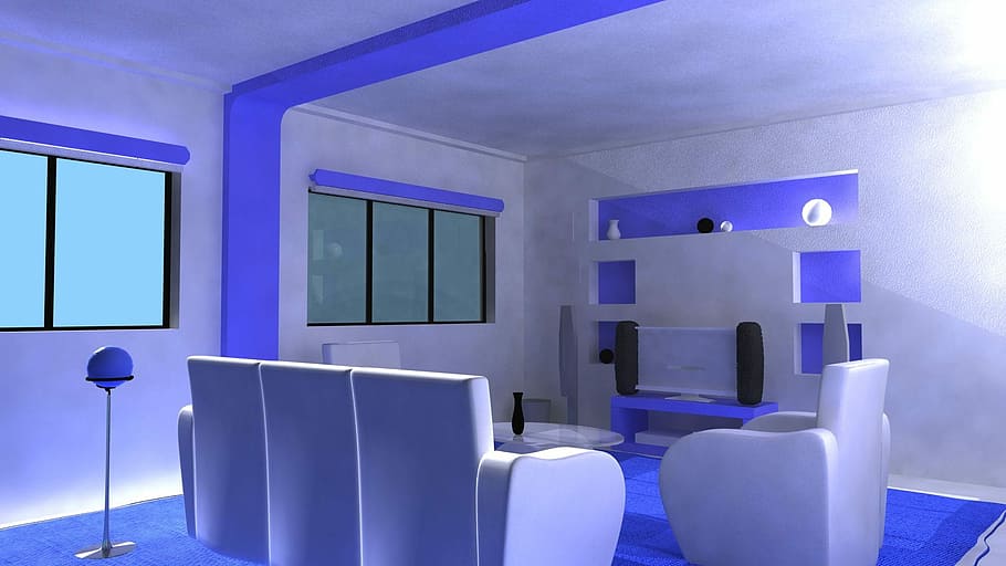interior, casa, model, blau, porpra, tecnologia, a l'interior, cap gent, il·luminat, seient, modern, cadira, luxe, buit, sala d'estar, mobles, habitació domèstica, televisor, absència, riquesa, sofà, finestra, relaxació, 1080P