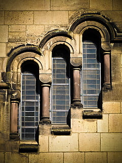 three, windows, concrete, building, window, architecture, old window, facade, church, glass, church window, wall, stone, round arch, düsseldorf, natural stone, built structure, building exterior, arch, no people, day, wall - building feature, old, pattern, metal, brick, brick wall, outdoors, history, low angle view, the past, safety, architectural column, 4K, CC0, public domain, royalty free