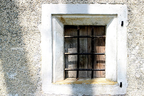 grid, window, window grilles, grate, barred window, security, backup, old, metal, architecture, built structure, building exterior, building, closed, day, door, no people, house, entrance, wall - building feature, outdoors, protection, safety, wood - material, wall, sunlight, window frame, concrete, 4K, CC0, public domain, royalty free
